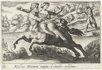 Nessus prøver å riste Deïanira te Båndet til Dianira er fjernet fra midten (tittel på objekt) Herculische temaer (serietittel) av Simon Frisius