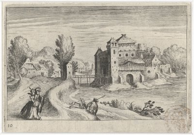 Elvelandskap med et slott Sør-europeiske landskap (serietittel) Topographia variarum regionum (serietittel) av Simon Frisius