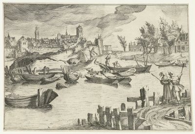 Elvelandskap med en by i bakgrunnen Landskap med figurer (serietittel) av Simon Frisius