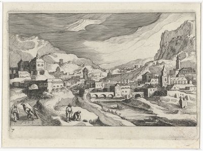 Bybilde i en elvedal Sør-europeiske landskap (serietittel) Topographia variarum regionum (serietittel) av Simon Frisius
