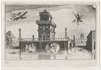 Bybilde med Ikaros og Daedalus Sør-europeiske landskap (serietittel) Topographia variarum regionum (serietittel) av Simon Frisius