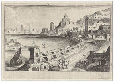 Bybilde med en akvedukt Sør-europeiske landskap (serietittel) Topographia variarum regionum (serietittel) av Simon Frisius