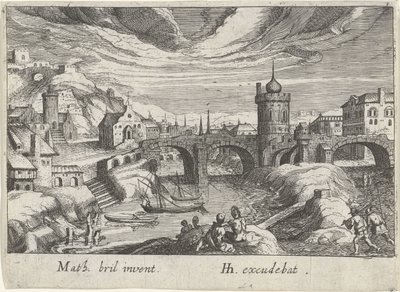 Bybilde med en elv Ulike landskap (serietittel) Topographia variarum regionum (serietittel) av Simon Frisius