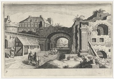 Bybilde med en ruin Sør-europeiske landskap (serietittel) Topographia variarum regionum (serietittel) av Simon Frisius