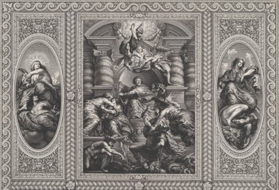 James I utnevner Charles til konge av Skottland i sentrum, Minerva var med på uvitenhet ved ri..., 1720. av Simon Gribelin