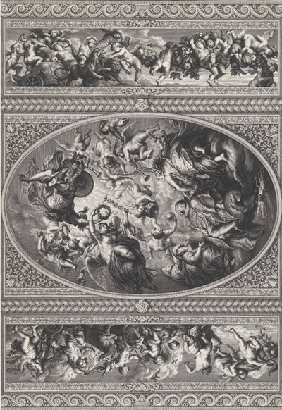 Apoteosen til James I i en oval i midten, friser med putti og girlander på enten ..., 1720. av Simon Gribelin