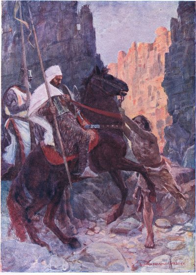 En høy mann kledd i geiteskinn sprang inn på midten av stien og grep en tøyle av saracenerens hodelag i hver hånd av Simon Harmon Vedder