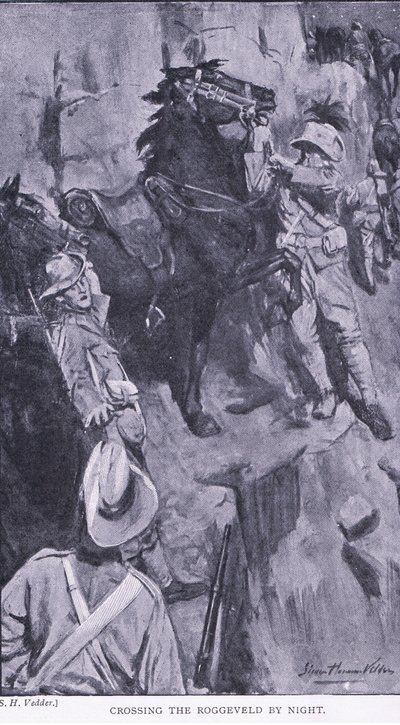 Crossing the Roggeveld by night, fra After Pretoria: The Guerilla War utgitt av Harmsworth Brothers Limited, 1901 av Simon Harmon Vedder