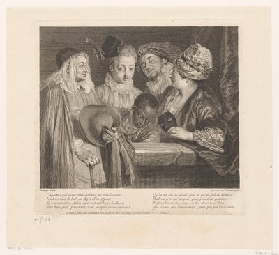 Gezelschap av fem skuespillere ved en brystning The Coquettes Verk av Antoine Watteau (serietittel) Verket til Antoine Watteau, maler for kongen i hans Royal Academy of Painting and Sculpture (...) (serietittel) av Simon Henri Thomassin