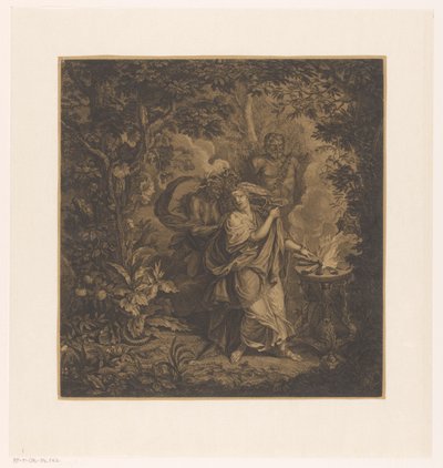 Mytologisk scene med en offerdronning i en skog, muligens Althaea, og tre gorgonianere av Simon Henri Thomassin