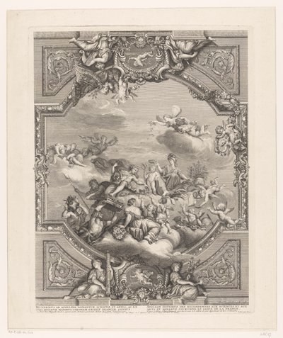 Takmaleri i Versailles: Apollo deler ut belønninger til kunst og vitenskap, Minerva kroner Frankrikes geniale av Simon Henri Thomassin