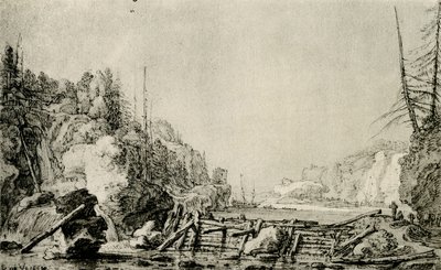 Landskap med en elv mellom fjellrike bredder av Simon de Vlieger