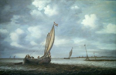 Skip i en elvemunning (olje på lerret) av Simon Jacobsz. Vlieger