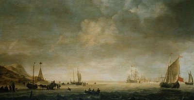 Stranden ved Scheveningen med fiskere på stranden av Simon Jacobsz. Vlieger