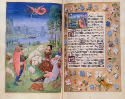 Legg til 38126 fol.79v-80 Bebudelsen til hyrdene, fra Huth Hours av Simon Marmion