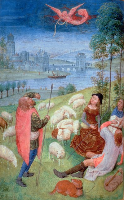 Legg til 38126 fol.79v-80 Bebudelsen til hyrdene, fra Huth Hours, 485-90 (vellum)iennes (detalj av 20281) av Simon Marmion