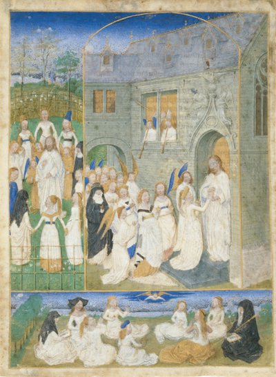 De hellige jomfruer møtt av Kristus når de går inn i paradisets porter, ca. 1467-70. av Simon Marmion