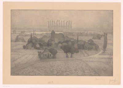 Landskap med en landsby ved en elv Twilight (original tittel) av Simon Moulijn (signed by artist)