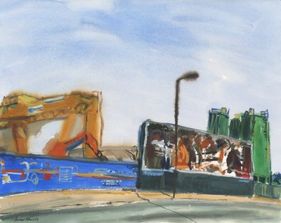 Byggesone og reklameplakat (akvarell og gouache på papir) av Simon Neville