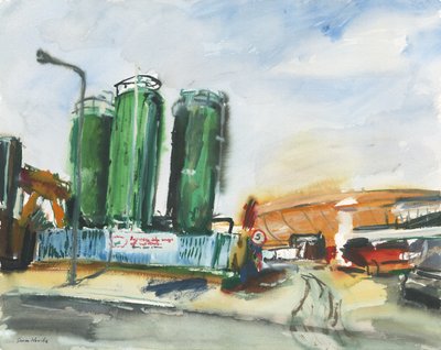 Konstruksjonssone og gassbeholder (akvarell og gouache på papir) av Simon Neville