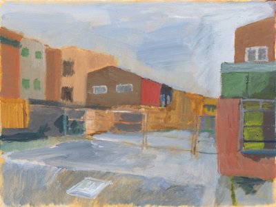 Forgård og bygninger, 2025 (akryl på lerret) av Simon Neville