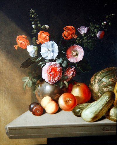 Et stilleben av roser, delphiniums og liljer av Simon Peter Tilmann