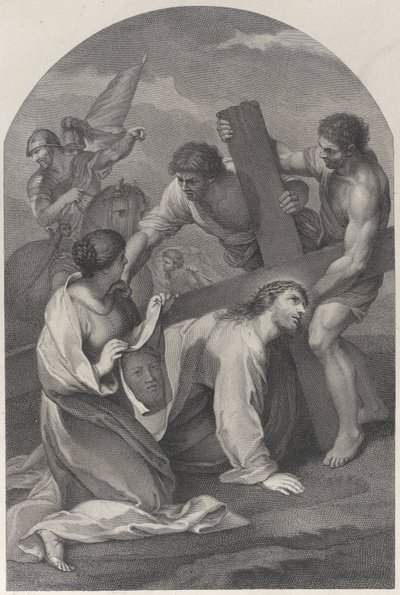 Kristus falt til bakken under vekten av korset, med to menn som hjalp til og ..., ca. 1729. av Simon Vallee