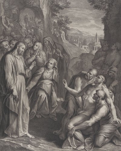 Oppreisningen av Lasarus, med Kristus stående til venstre, ca. 1729. av Simon Vallee