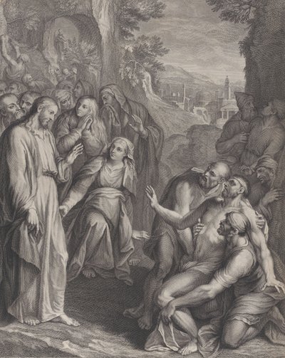 Oppreisningen av Lasarus, med Kristus stående til venstre, ca. 1729. av Simon Vallee