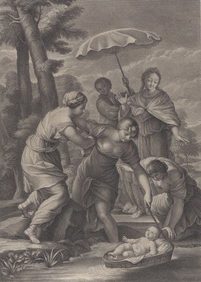 Tre kvinner trekker inn kurven med spedbarnet Moses fra vannet, ca. 1729. av Simon Vallee