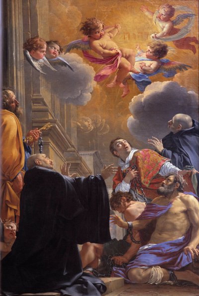 Saint Merry (eller Saint Mederic), Eveque de Paris (7. århundre) leverer fangene Maleri av Simon Vouet (1590-1649) 1640 Church Saint Merri (Merry), Paris av Simon Vouet