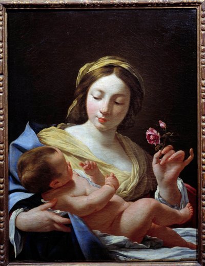 Jomfruen et barn og en rose-maleri av Simon Vouet (1590-1649) 1627 Søn. 0,8x0,62 m Marseille, Musee des Beaux Arts av Simon Vouet