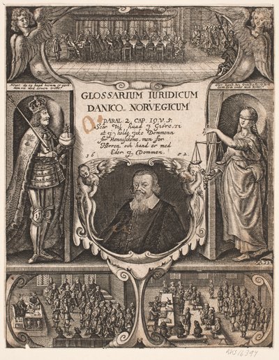 Tittelside med portrett av C.O. Veile til "Glosarium juridicum Danico - Norvegicum", 1652 av Simon de Pas