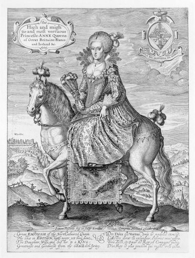 Ridesportrett av Anne av Danmark (1574-1619) gravert av kunstneren, pub. av Compton Holland, 1616 av Simon de Passe