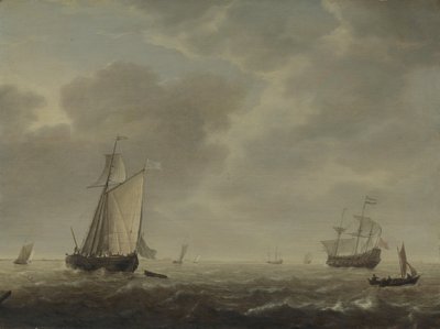 En nederlandsk krigsmann og forskjellige fartøyer i en bris, ca. 1640 av Simon de Vlieger
