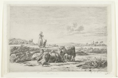 Landskap med en gjeterinne og hund med en saueflokk av Simon van den Berg