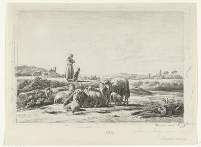 Landskap med gjeterinne og hund med saueflokk av Simon van den Berg