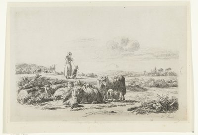 Landskap med en gjeterinne og hund med en saueflokk av Simon van den Berg