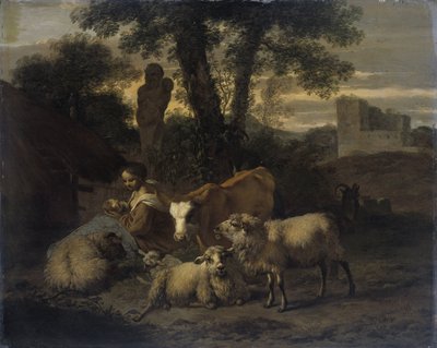 Italiensk landskap med gjeterinne og flokker av Simon van der Does
