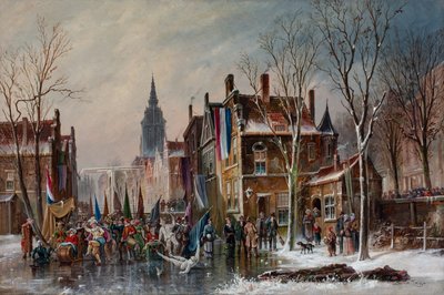 En karnevalsparade på en frossen kanal, ca. 1840–60 (olje på lerret) av Simon van der Ley