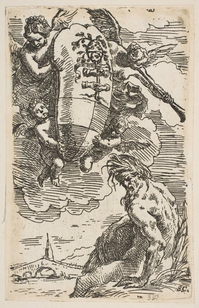 Allegori av Foglia-elven med byen Pesaros våpenskjold, frontispice for ..., ca. 1639. av Simone Cantarini