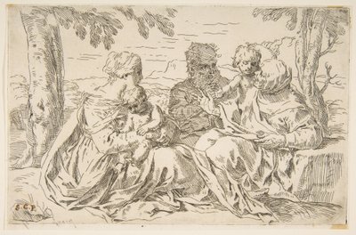Hellig familie med Saint Elizabeth og Saint John the Baptist, ca. 1639. av Simone Cantarini