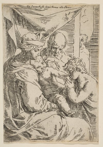 Hellig familie med døperen Johannes kysser spedbarnets Kristi hånd, ca.1642. av Simone Cantarini