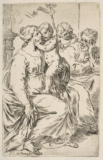 Hellig familie med døperen Johannes, ca. 1640-1642. av Simone Cantarini