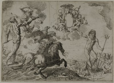 Jupiter, Neptun og Pluto tilbyr sine kroner til armene til kardinal Borghese av Simone Cantarini