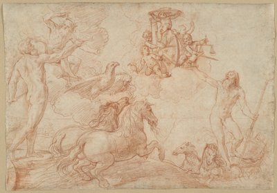 Jupiter, Neptun og Pluto hyller våpenskjoldet til kardinal Borghese av Simone Cantarini