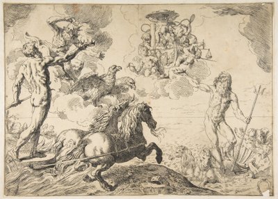 Jupiter, Neptun og Pluto ofret sine kroner til armene til kardinal Borghese, 1642-43. av Simone Cantarini