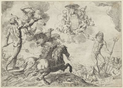 Jupiter, Neptun og Pluto tilbyr sin krone til kardinal Scipione Borgheses våpenskjold til avhandlingen Jupiter, Neptun et Pluto coronas suas offerunt armis (tittel på objekt) av Simone Cantarini
