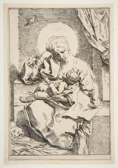 Madonna og barn med en fugl, ca. 1635-1636. av Simone Cantarini