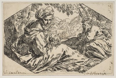 Hvil i Egypt, Maria holder og ser på spedbarnet Kristus mens St. Joseph s..., ca. 1637-1639. av Simone Cantarini